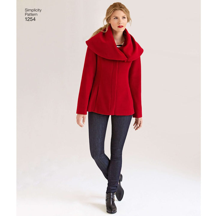 A woman models a vibrant red coat made from Super Cheap Fabrics’ Simplicity S1254 Misses’ Leanne Marshall Easy Lined Coat pattern, styled with dark skinny jeans and black ankle boots. “Simplicity sewing pattern 1254” appears at the top left.