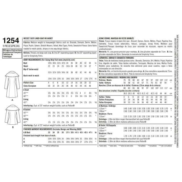 Super Cheap Fabrics presents the Simplicity S1254 Misses’ Leanne Marshall Easy Lined Coat or Jacket pattern, including sketches, fabric suggestions, measurements, and yardage in English and French—ideal for your winter wardrobe.