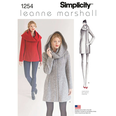Two women model cozy, hooded Misses’ Leanne Marshall coats—one red, one gray—from Super Cheap Fabrics' Simplicity S1254 sewing pattern. A sketch on the right highlights the design.