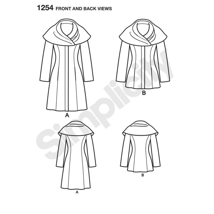 Line drawings of Super Cheap Fabrics’ Simplicity S1254 Misses’ Leanne Marshall Easy Lined Coat show front and back views of two styles with wide draped collars—Style A has a larger collar than Style B. Perfect for your winter wardrobe!.