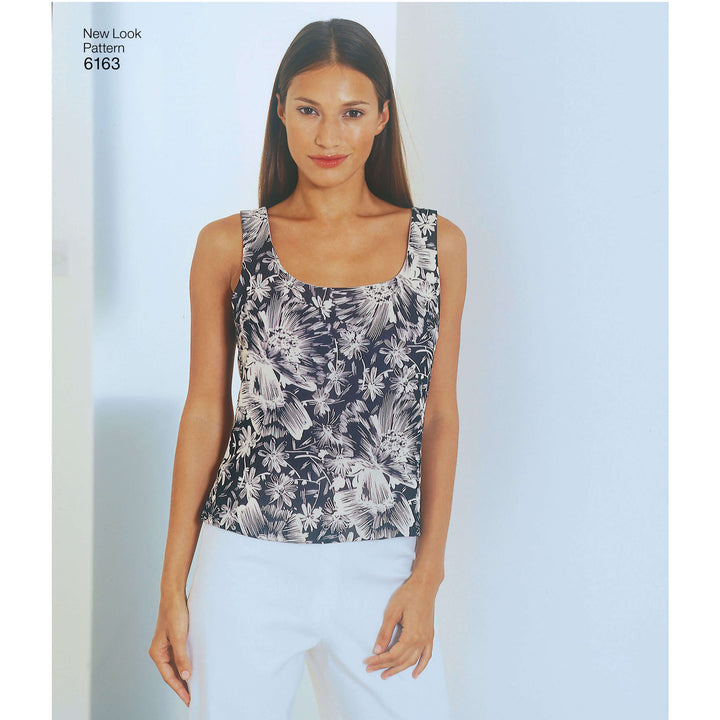 A woman with straight brown hair models the Super Cheap Fabrics Pattern - NEW LOOK - 6163 - Misses’ Coordinates: a sleeveless, scoop-neck black and white floral top with tailored trousers, posed against a light background.