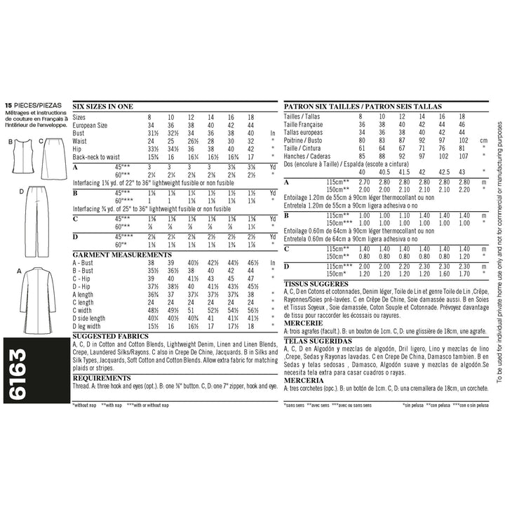 Pattern - NEW LOOK - 6163 - Misses’ Coordinates by Super Cheap Fabrics includes instructions, garment illustrations, size charts, fabric requirements, and suggested fabrics for tailored trousers and a stylish jacket, in English, French, and Spanish.