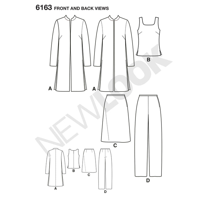 The Pattern - NEW LOOK - 6163 - Misses’ Coordinates by Super Cheap Fabrics features line drawings of a long-sleeved jacket, sleeveless tank top, knee-length skirt, and tailored trousers with front and back views.