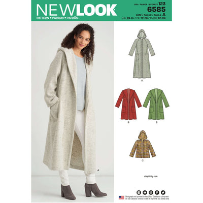 A woman wears a long, light gray hooded coat over a gray top and white pants. On the right are four illustrated options for the "Pattern - NEW LOOK - 6585 - Misses’ Coat with Hood" by Super Cheap Fabrics in gray, red, yellow plaid, and green.