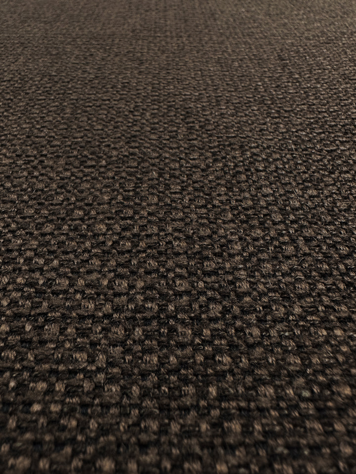 Close-up of Super Cheap Fabrics' Tuco Basket Weave Upholstery, showcasing a dark brown heavyweight grid pattern with mixed lighter and darker threads for depth and richness. Fabric is 147cm wide.