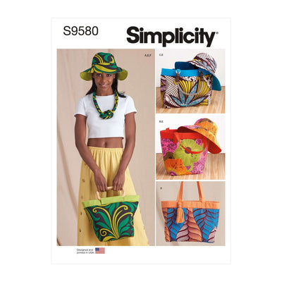 The Simplicity S9580 pattern cover from Super Cheap Fabrics features a woman in a white top, yellow skirt, and colorful accessories. Side images display bold-print hats and bags to highlight the Bags, Hat and Necklace designs you can sew.