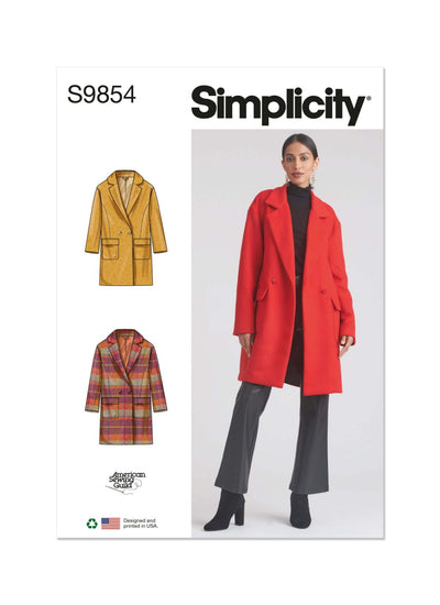 Pattern - Simplicity S9854 by Super Cheap Fabrics offers a Misses’ lined coat for American Sewing Guild, shown in yellow, plaid, and red variations with button closure, over a turtleneck and trousers.
